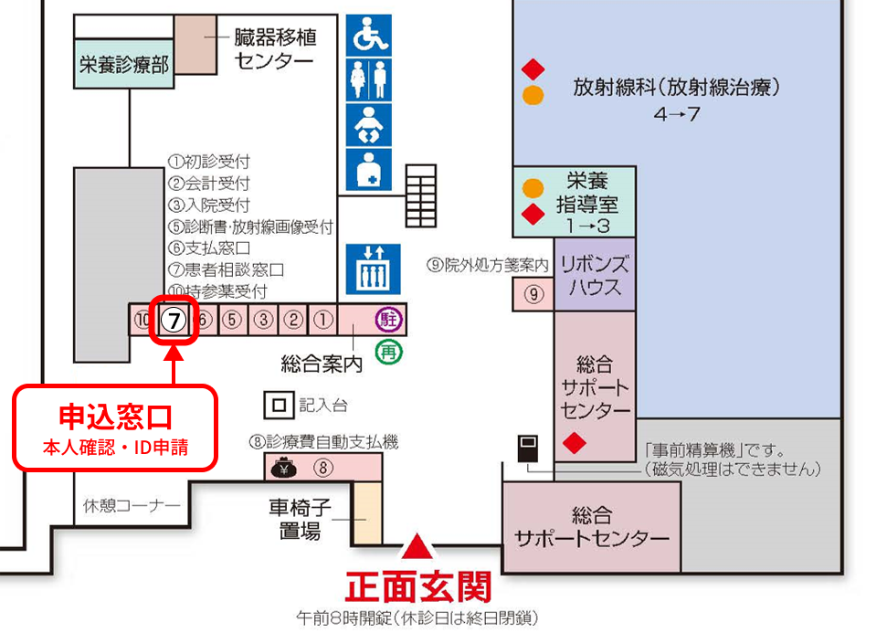 正面玄関入って左側、7番の申し込み窓口の案内地図